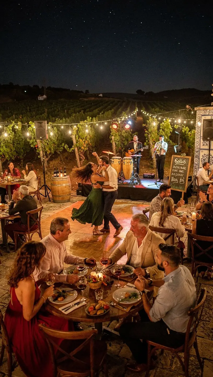 Couple dancing salsa in a vibrant social setting